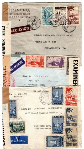 1942 French Morocco Via Bermuda (censor) To Usa Airmail Covers X 3.