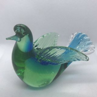 Vintage Murano Art Glass Blue Green Bird Dove Italy Figurine Paperweight Label