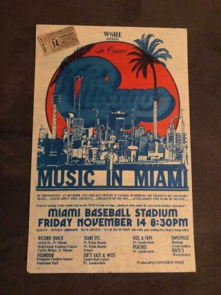 Chicago Band Peter Cetera Concert Poster November 14,  1975 Miami Fl Ticket Stub