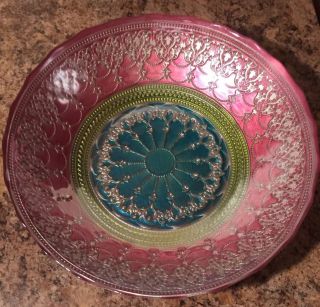 Pink Green Teal Blue Silver Color Serving Bowl Centerpiece Design Art Glass
