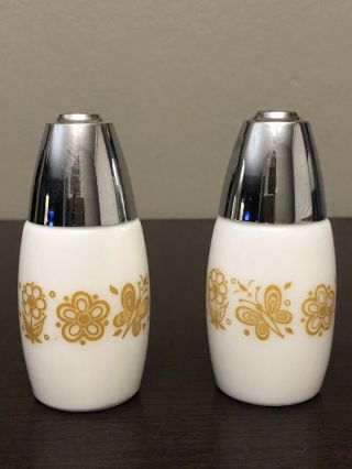 Vintage Gemco Milk Glass Butterfly Gold Salt & Pepper Shakers Pyrex Corelle 2