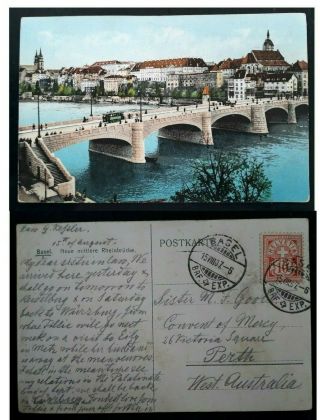 Scarce 1907 Switzerland Postcard " Basel " Ties 10c Stamp To Australia