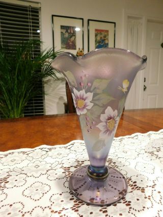 Fenton Art Glass Hand Painted Violet Carnival Stretch Vase Signed And Stamped