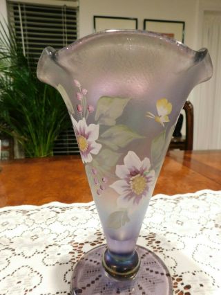 Fenton Art Glass Hand Painted Violet Carnival Stretch Vase Signed and Stamped 2