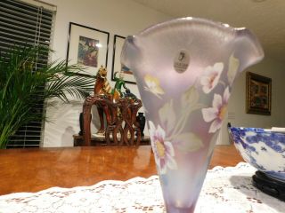 Fenton Art Glass Hand Painted Violet Carnival Stretch Vase Signed and Stamped 3