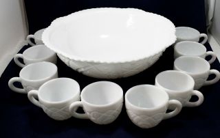 Vintage Milk Glass Large Punch Bowl Set With 10 Cups Ornate Design 1950s 13 " X5 "