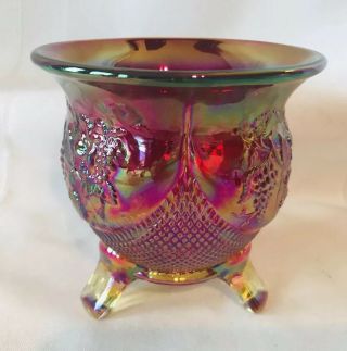 Fenton Red Sunset Carnival Glass Dish Vase Iridescent Three Footed 4” Tall Rare