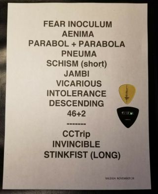 Tool 2019 Fear Inoculum Tour Guitar Picks And Set List 11/24 Raleigh Nc