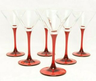 Vintage Red Stemmed Martini Glasses Hand Blown Set Of 6 Clear Glass Bowls Long