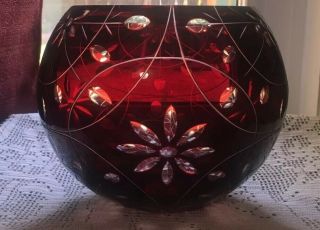 Pretty Ruby Red Cut To Clear Bohemian Czech Art Glass Rose Bowl