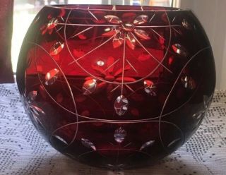 Pretty Ruby Red Cut to Clear Bohemian Czech Art Glass Rose Bowl 2