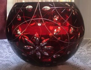 Pretty Ruby Red Cut to Clear Bohemian Czech Art Glass Rose Bowl 3