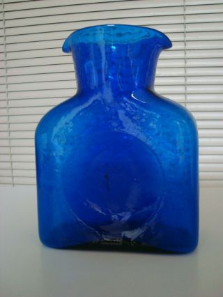 Vintage Blenko Cobalt Blue Double Spout Pitcher Water Bottle Mid - Century