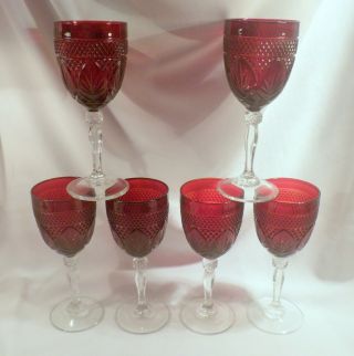 6 French “antique Ruby” Pattern Water Goblets By Cristal D 