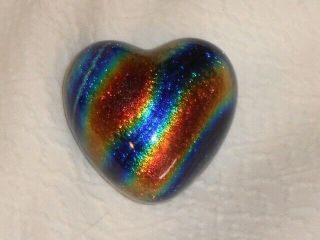 Robert Held Rainbow Heart Art Glass Paperweight Iridescent Glitter Bands Signed