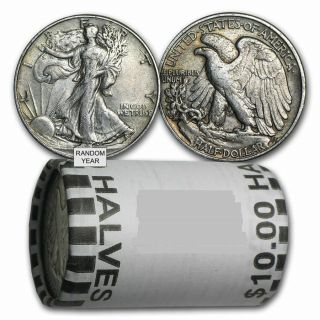 90 Silver Walking Liberty Half Dollars - $10 Face Value Roll - Average Circulated