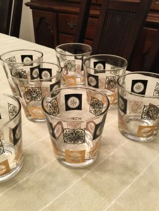 Vintage Set Of 8 Mid - Century Bar Ware Glasses With Black And Gold Designs