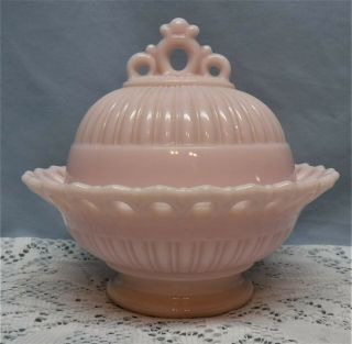Vintage Pink Milk Glass Candy Butter Dish With Lid And Open Lace Trim