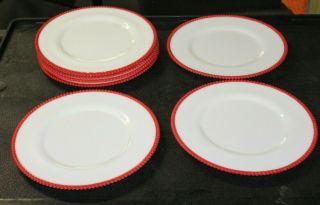 7 Rare Vintage Westmoreland Milk Glass Red Beaded Edge Dinner Plates 10 1/2 "