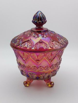 Fenton Hand Made Ruby Red Carnival Glass Footed Candy Dish W/ Lid