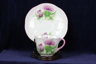 Shelley Dainty Tea Cup & Saucer Scottish Thistle 13820 White Pink Green