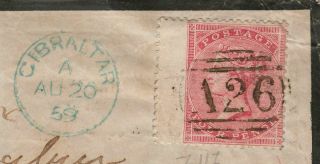 Gibraltar 1859 QV GB 4d Rose Mourning Cover to India w A26 Postmark SG Z35 2