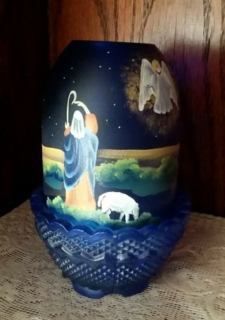 Fenton Fairy Lamp Light Birth Of A Savior Blue Satin Figurine Christmas Candle