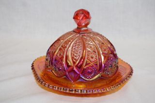 Indiana Glass Co Heirloom Series Iridescent Carnival Hobstar Covered Butter Dish