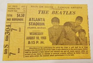 The Beatles Authentic Concert Ticket Stub | Atlanta Stadium | August 18 1965