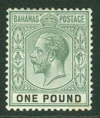 Sg 89 Bahamas 1912.  £1 Dull Green & Black.  Fine Mounted Cat £200