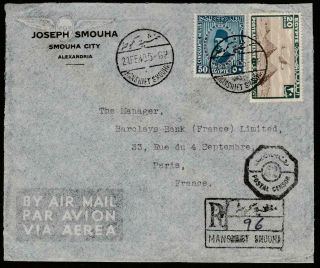 Egypt 1940 Censored Registered Air Cover Smouha Alexandria To Paris France