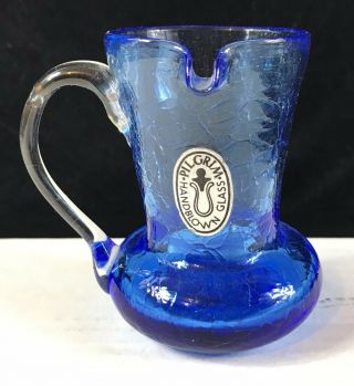 Vintage Pilgrim Aqua Blue Crackle Art Glass Squat Creamer Pitcher Hand Blown