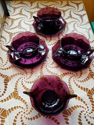 Cambridge Decagon Amethyst 3 Cups And Saucers,  And Sugar Bowl