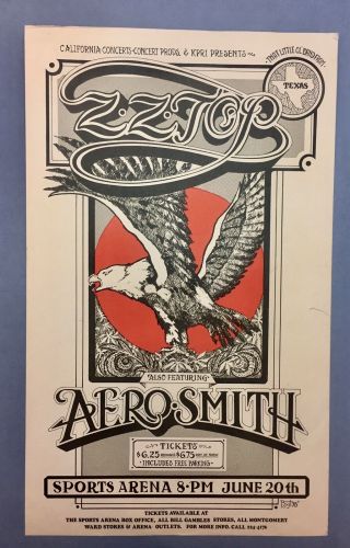 Zz Top Aerosmih 1975 Showbill San Diego Sports Arena Concert Poster
