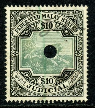 Malaya Federated States 1903 $10 Ten Dollars Green & Black Revenue Judicial
