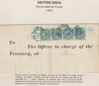 932) India 1866 - ½ Anna Single,  Strip X 3 - Blue Calcutta To Meerut Rare Cover