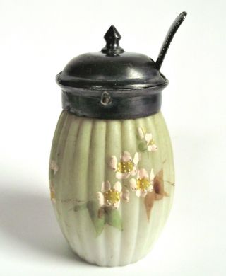 Antique Mt Washington Victorian Enamel Barrel Ribbed Art Glass Mustard Jar Pot