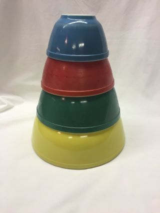 Vintage Full - Set Of 4 Pyrex Glass Primary Colors Mixing Bowls