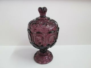 Moon And Stars Pattern Glass Amethyst Purple Fenton Lg Wright Covered Compote
