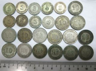 24 Straits Settlements 5 10 Cents Silver Coins,  1910 1916 1918 1919 1926 1927
