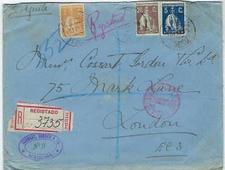 Portugal Madeira 1919 Registered 2 X Censor Cover Funchal To London,  Ceres