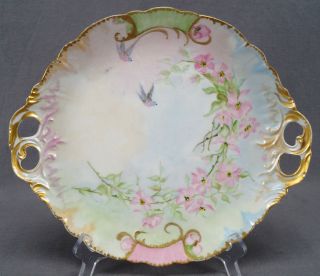Jean Pouyat Limoges Hand Painted Pink Roses Birds & Gold Cake Plate C.  1891 - 1932