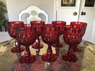 Mid Century - Vintage Water/ Wine Pedestal Goblets Set Of 7 - Red - 12 Oz -