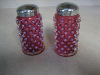 Fenton Hobnail Cranberry Opalescent Salt & Pepper Shaker Vintage Very Good