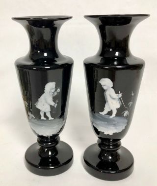 Antique Pair Black Amethyst Glass Mary Gregory Vase