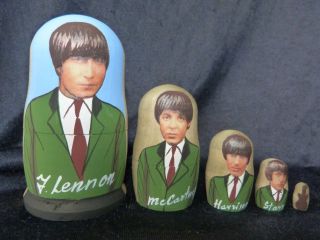 Russian Hand Painted Wooden Doll Babushka Set Of 5 The Beatles Young Band Times