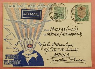 1932 India First Flight Airmail Madras To Mpika Rhodesia