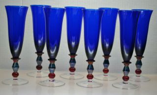 8 - Rare Vintage Hand Blown Murano Cobalt Blue Champagne Flutes Multi Color Stems