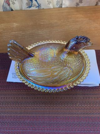 Vintage Indiana Glass Iridescent Amber/carnival Hen On Nest Ex