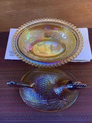 Vintage Indiana Glass Iridescent Amber/carnival Hen On Nest Ex 2